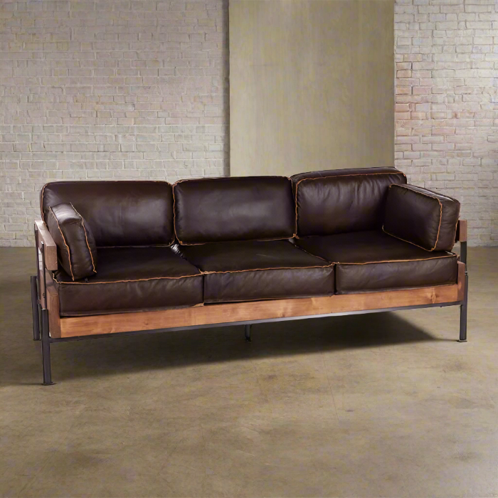 Metal & Genuine Leather Pillow Top Arm Sofa, Mocha Brown - Furnishiaa -  -